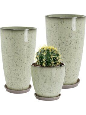 Set of 3 Tall Plastic Planters - Large 24/21/12in with Drip Tray for